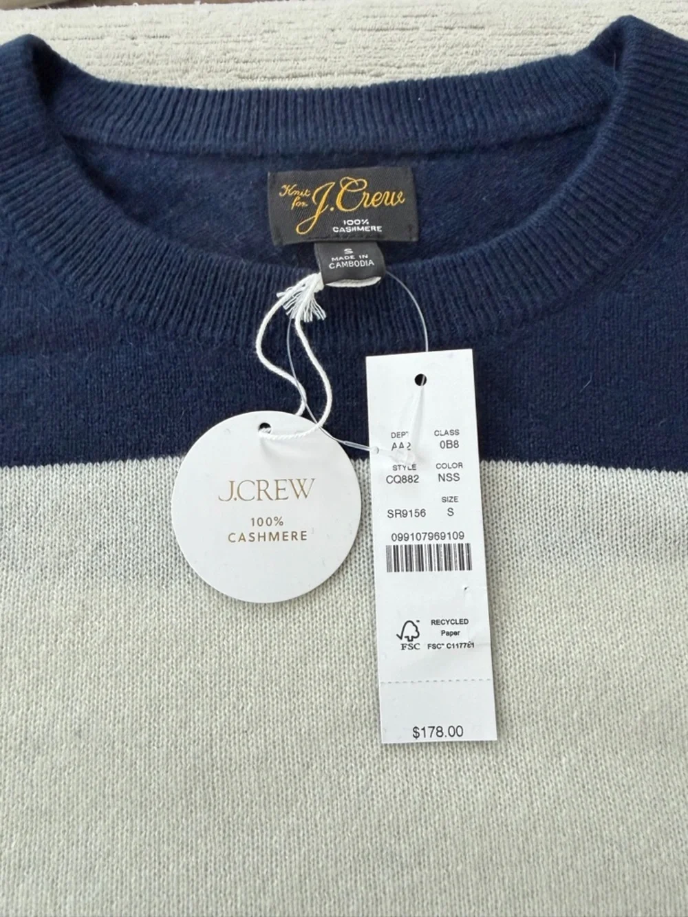 J.Crew 100% Cashmere Striped Sweater Soft Luxe Knit NWT Small